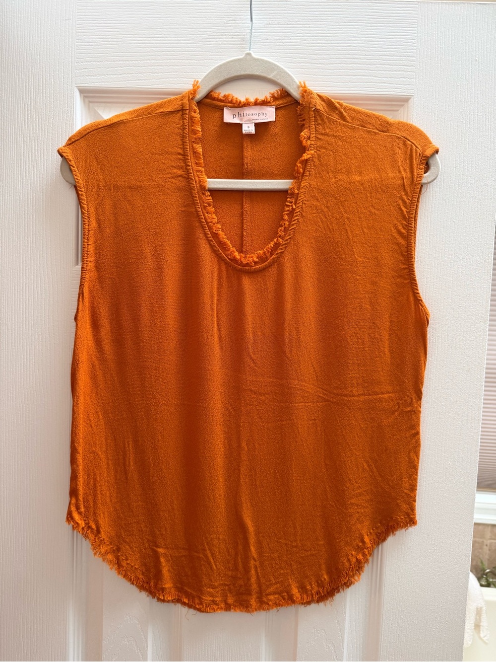 Philosophy Bright Orange Sleeveless Frayed V-Neck Blouse